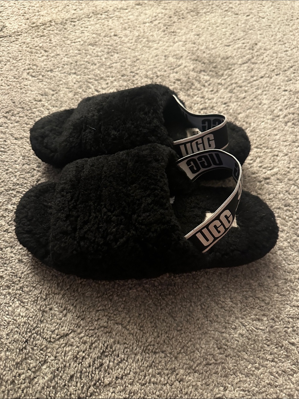 UGG Black Shearling Slide with Logo Strap